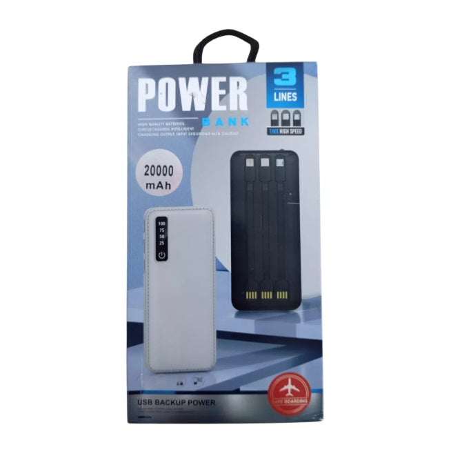 Cargador Portátil 20000mAh 3 Puertos USB Pantalla LED Cables Incluido