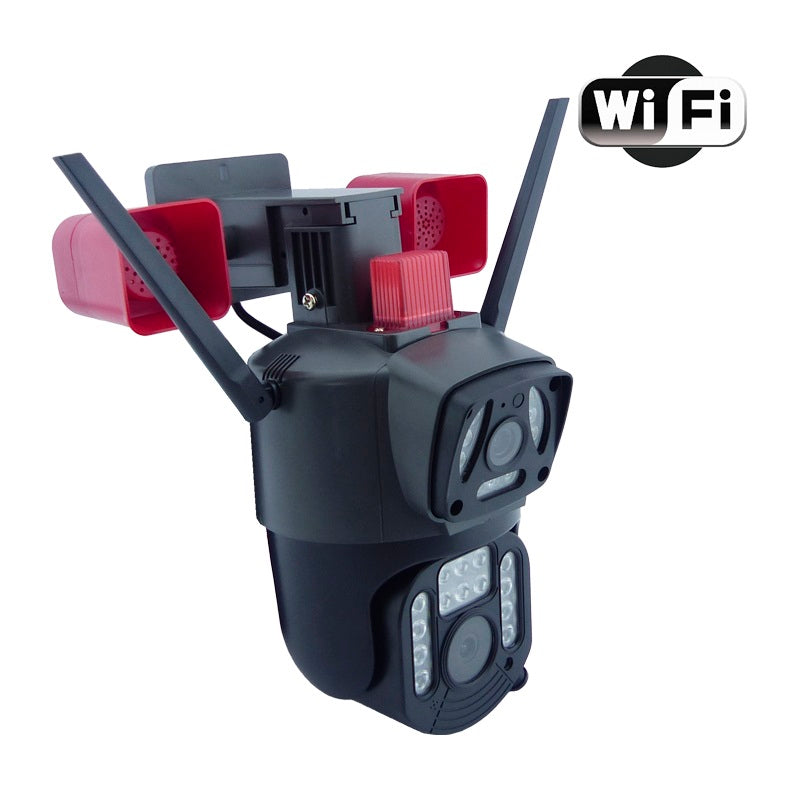 Cámara Seguridad WiFi Doble Lente Sirena Baliza IP23 LED HD Cobertura