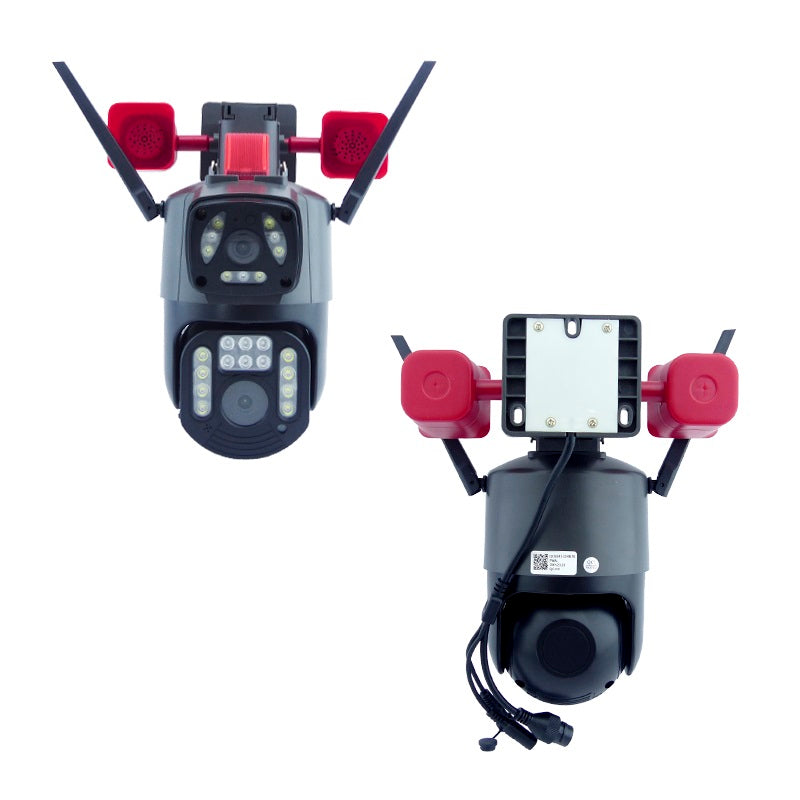 Cámara Seguridad WiFi Doble Lente Sirena Baliza IP23 LED HD Cobertura