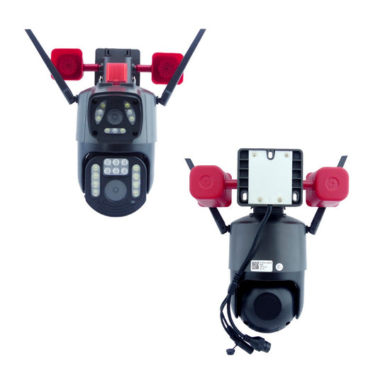 Cámara Seguridad WiFi Doble Lente Sirena Baliza IP23 LED HD Cobertura