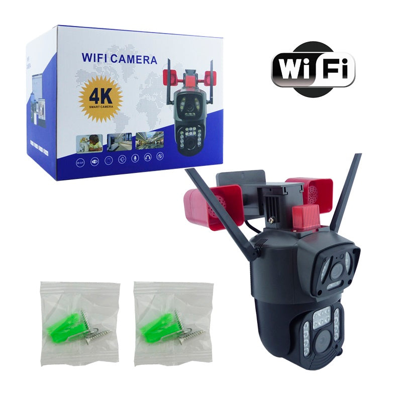Cámara Seguridad WiFi Doble Lente Sirena Baliza IP23 LED HD Cobertura