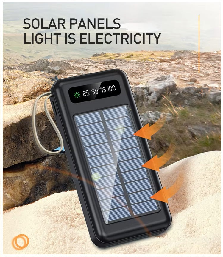 Batería Portátil Power Bank Solar 20000mAh Cables Integrados Luz LED