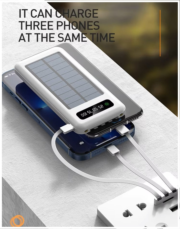 Batería Portátil Power Bank Solar 20000mAh Cables Integrados Luz LED
