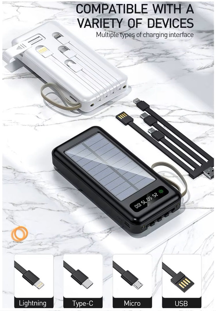 Batería Portátil Power Bank Solar 20000mAh Cables Integrados Luz LED