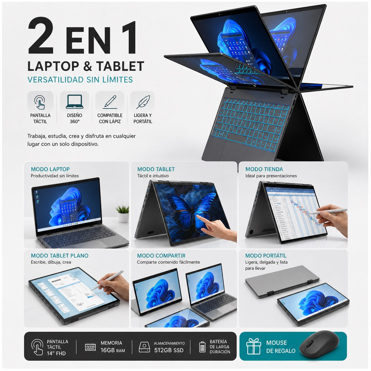 Notebook 2 en 1 Táctil 14.1” Full HD IPS, Intel N100, 16GB RAM, 512GB SSD, Convertible 360°, Ideal Oficina, Estudio y Productividad Avanzada