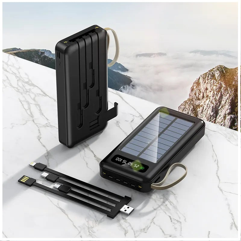 Batería Portátil Power Bank Solar 20000mAh Cables Integrados Luz LED