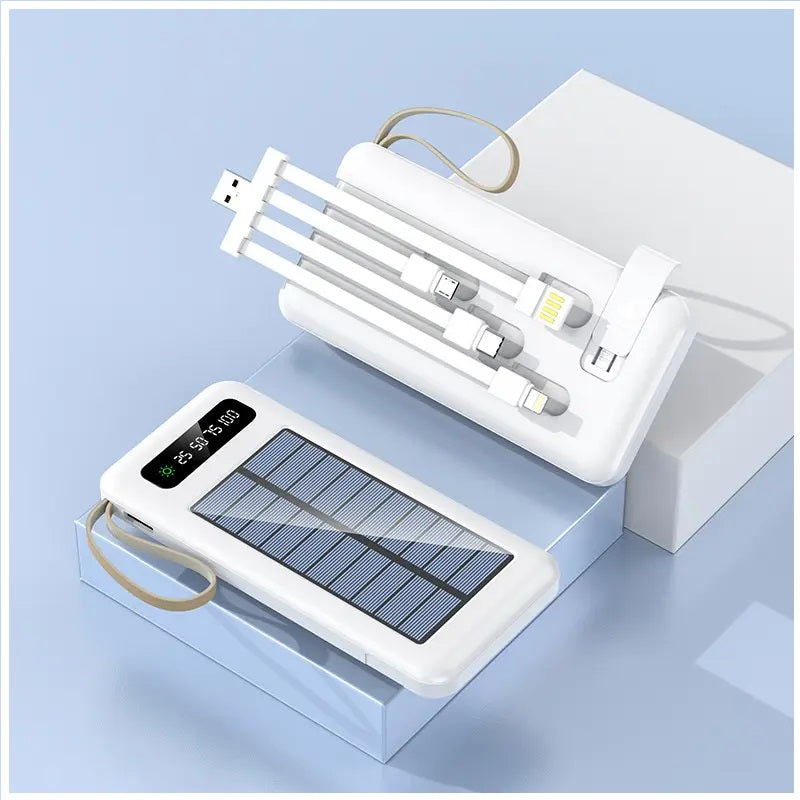Batería Portátil Power Bank Solar 20000mAh Cables Integrados Luz LED