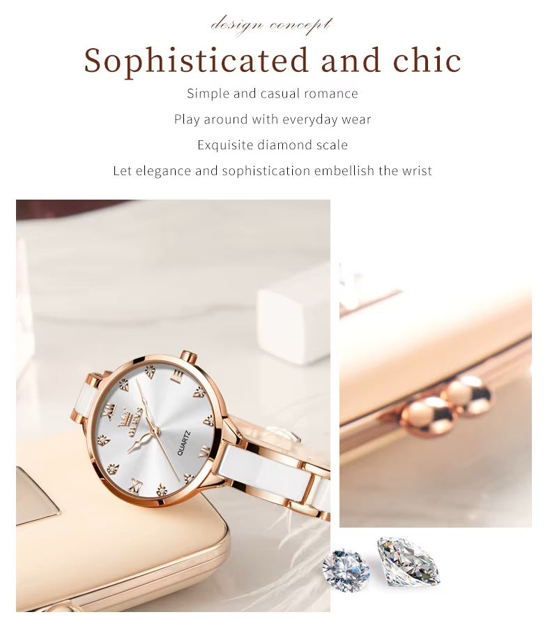 Reloj de Mujer Elegante de Cuarzo Correa de Cerámica Acero Inoxidable