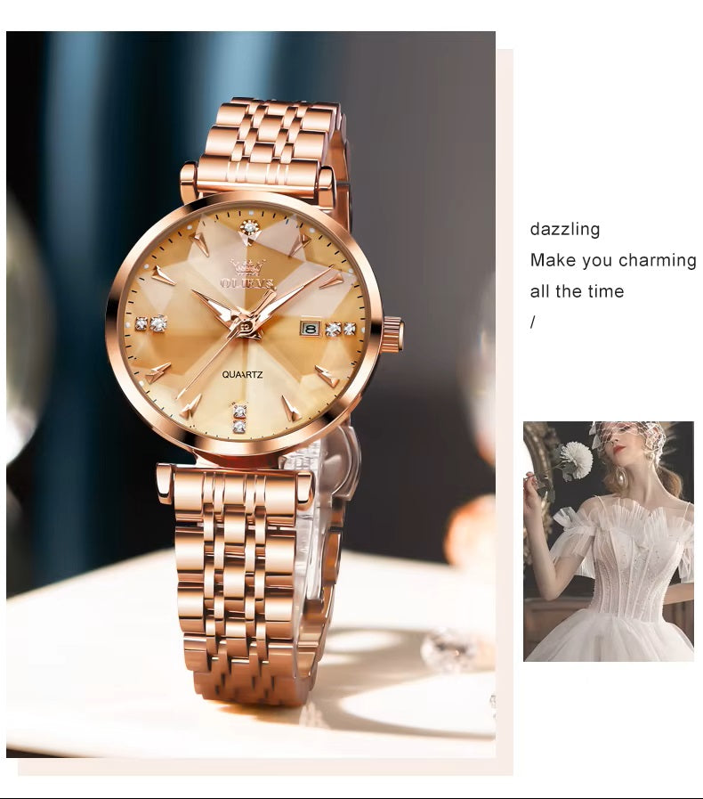 Reloj de Cuarzo para Mujer Esfera Esmeralda Detalles de Cristal Correa Acero Inoxidable