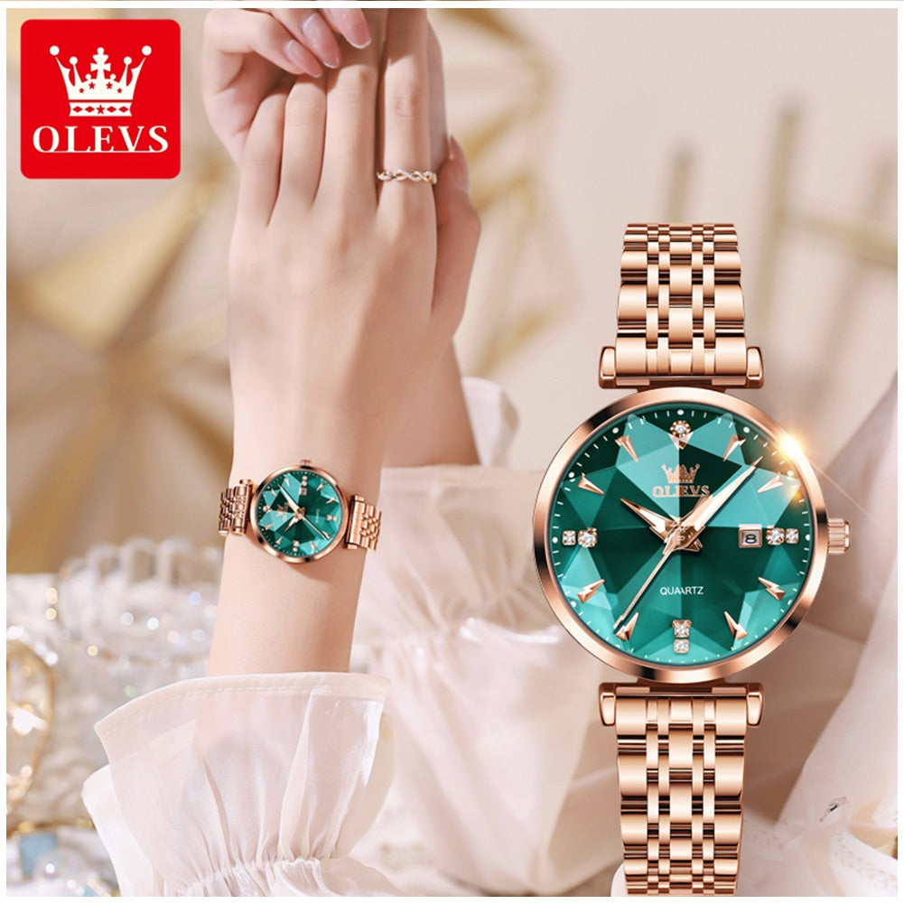 Reloj de Cuarzo para Mujer Esfera Esmeralda Detalles de Cristal Correa Acero Inoxidable