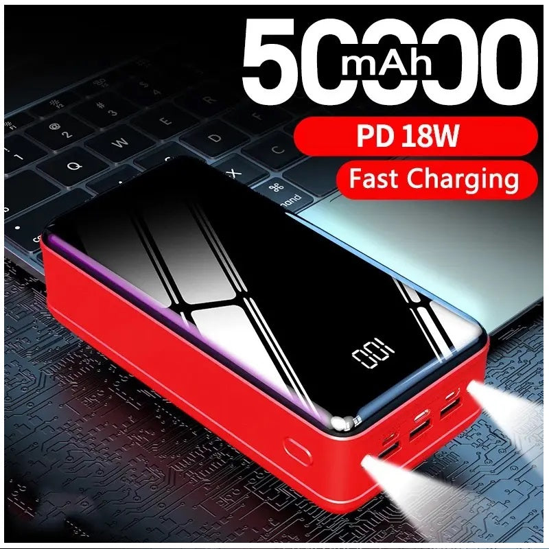Cargador Portátil Power Bank 50000 mAh 3USB Tipo C Lightning linterna Rojo