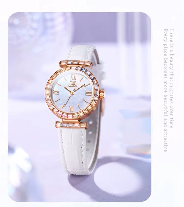 Reloj de Mujer Elegante con Correa de Cuero y Cristales Multicolor