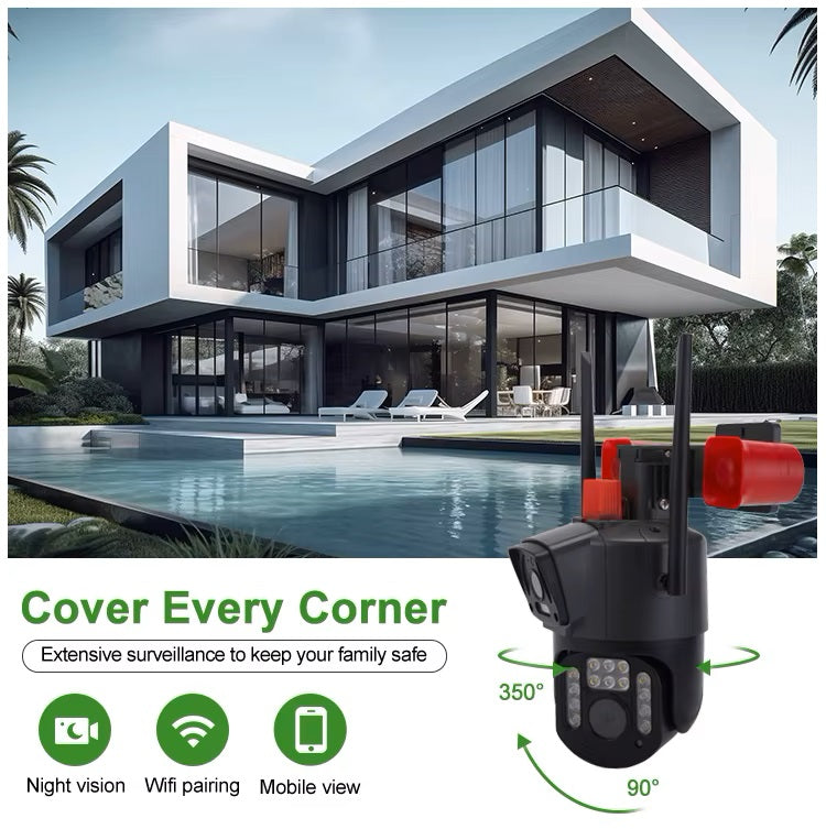 Cámara Seguridad WiFi Doble Lente Sirena Baliza IP23 LED HD Cobertura