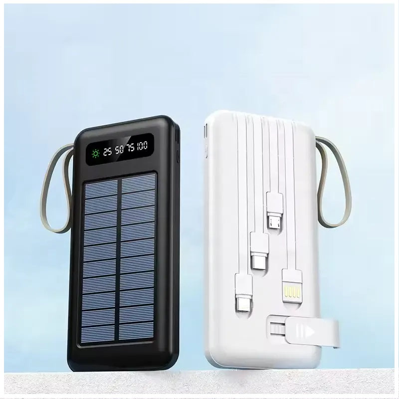 Batería Portátil Power Bank Solar 20000mAh Cables Integrados Luz LED