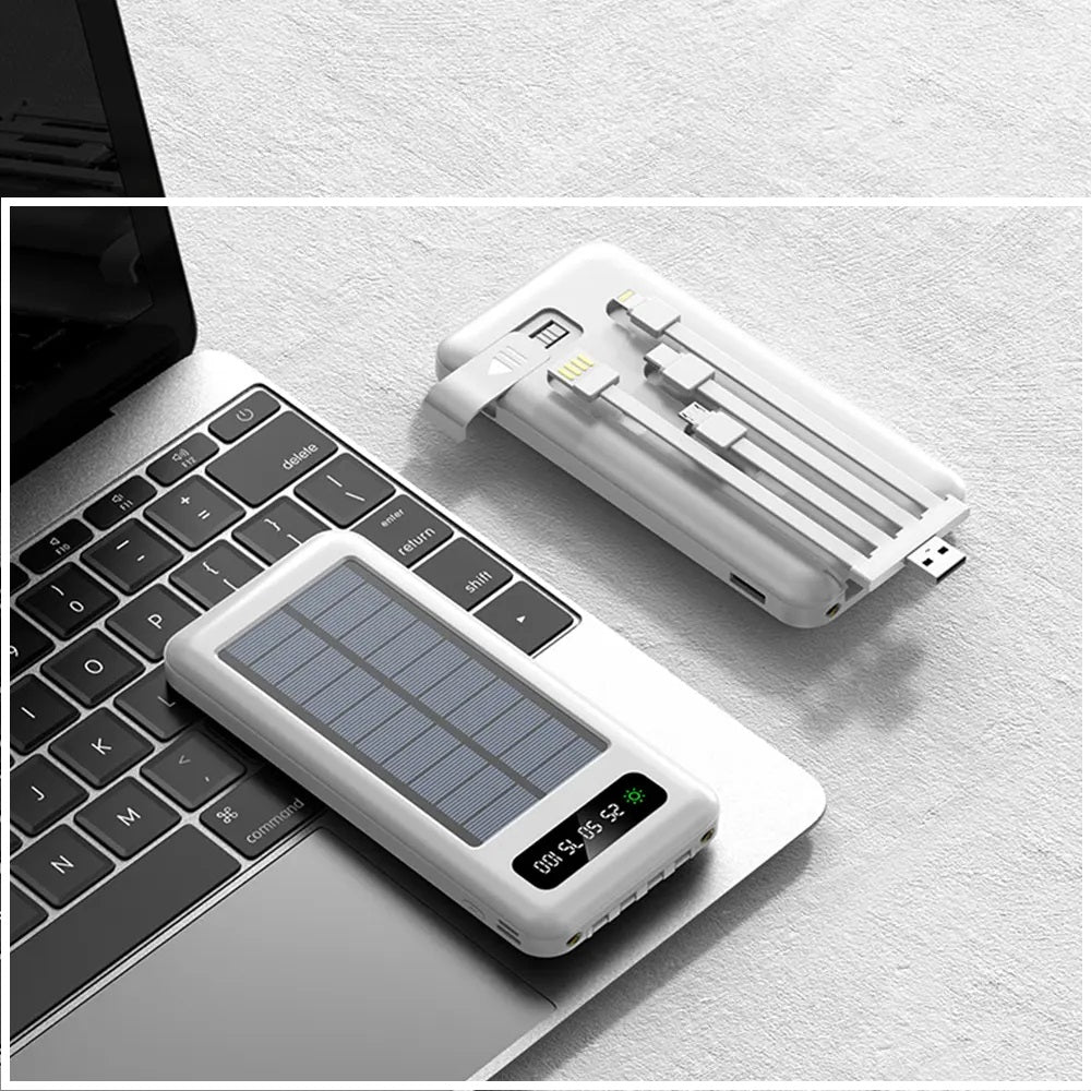 Batería Portátil Power Bank Solar 20000mAh Cables Integrados Luz LED