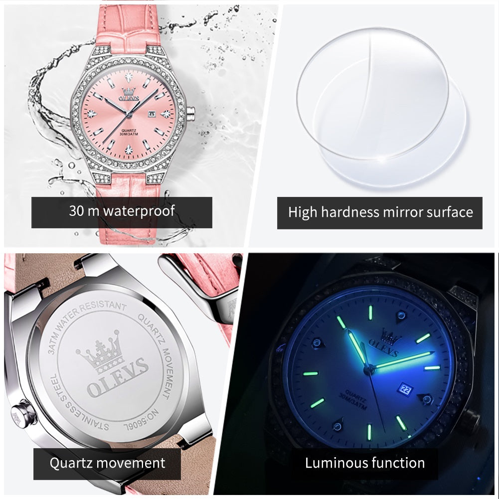 Reloj de Cuarzo para Mujer Correa de Cuero Rosa, Esfera de Cristales