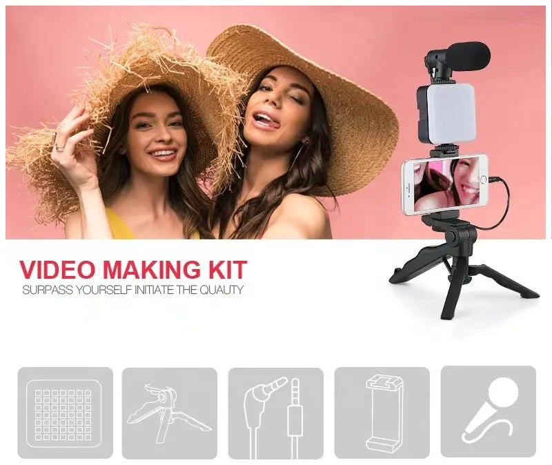 Kit de Grabación Micrófono Luz Led Soporte Control Remoto Trípode