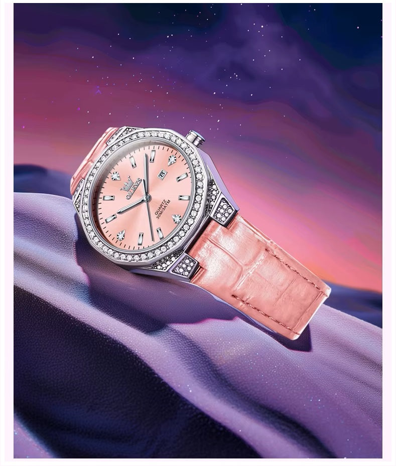 Reloj de Cuarzo para Mujer Correa de Cuero Rosa, Esfera de Cristales