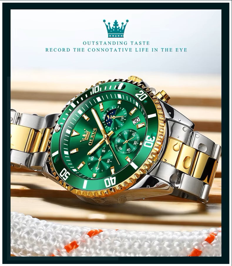Reloj Cronógrafo Deportivo Hombre Acero Inoxidable Verde Dorado 42.5mm - Multifunción, Calendario, Resistente al Agua