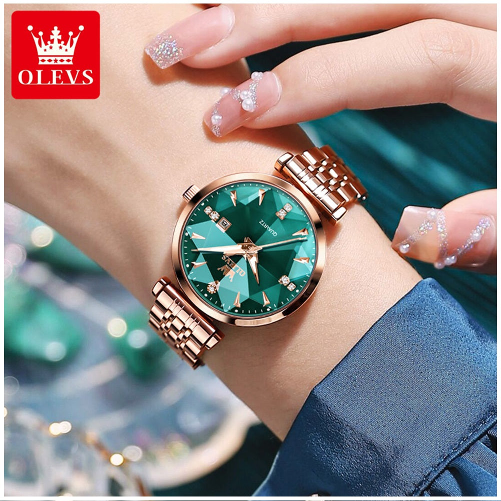 Reloj de Cuarzo para Mujer Esfera Esmeralda Detalles de Cristal Correa Acero Inoxidable