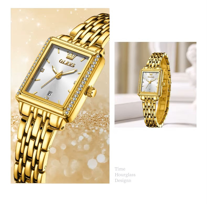 Reloj de Mujer Elegante Rectangular de Acero Inoxidable con Movimiento de Cuarzo, Calendario