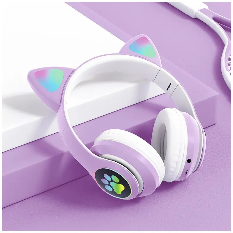 Audífonos inalámbricos Bluetooth RGB Orejas gato BT 5.0 FUCSIA