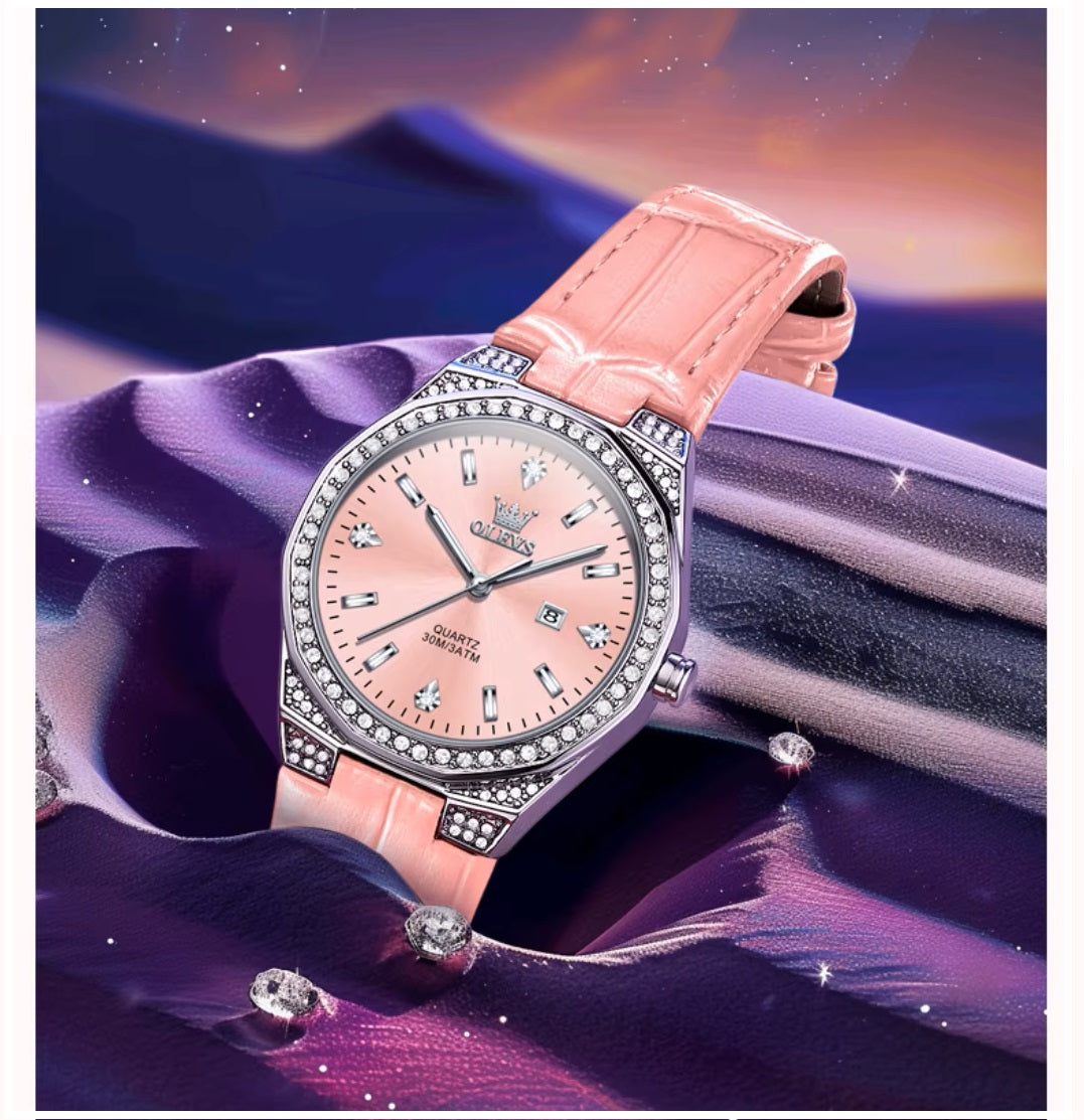 Reloj de Cuarzo para Mujer Correa de Cuero Rosa, Esfera de Cristales