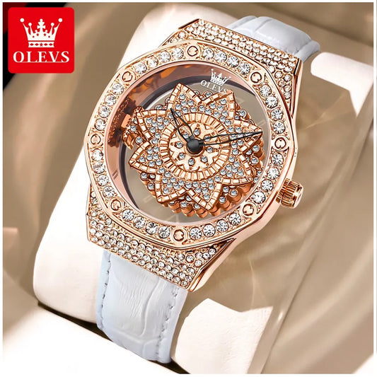 Reloj de Mujer de Lujo con Diseño Floral Rotativo y Correa de Cuero