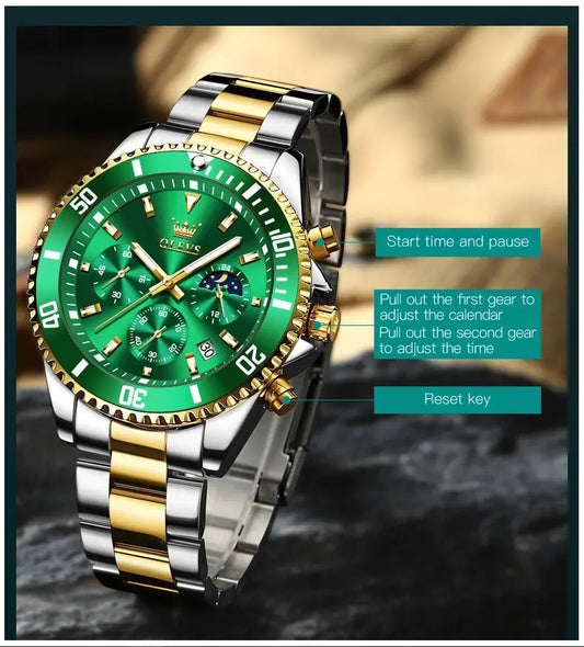 Reloj Cronógrafo Deportivo Hombre Acero Inoxidable Verde Dorado 42.5mm - Multifunción, Calendario, Resistente al Agua