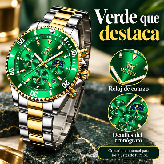 Reloj cronógrafo hombre verde y dorado 42,5 mm · información en castellano