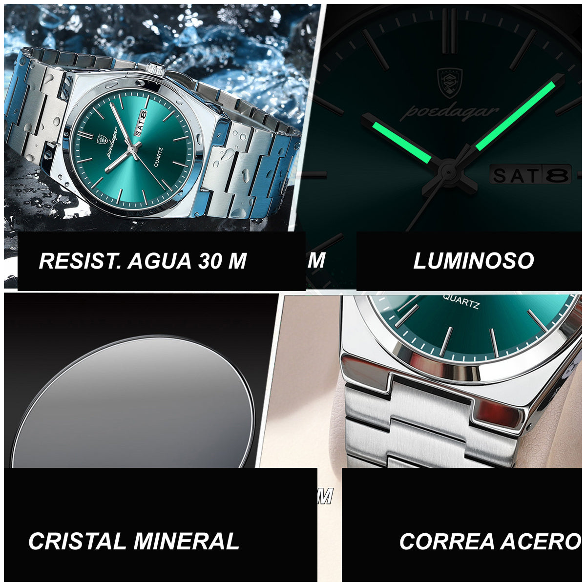 Reloj Analógico de Cuarzo para Hombre con Calendario Día y Fecha, Correa de Acero Inoxidable, Cristal Mineral, Resistente al Agua 3 BAR, Manecillas Luminosas