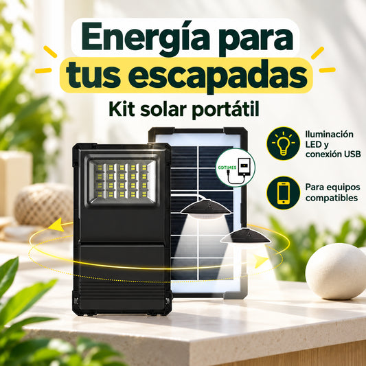 Kit solar portátil con iluminación LED y USB · información en castellano