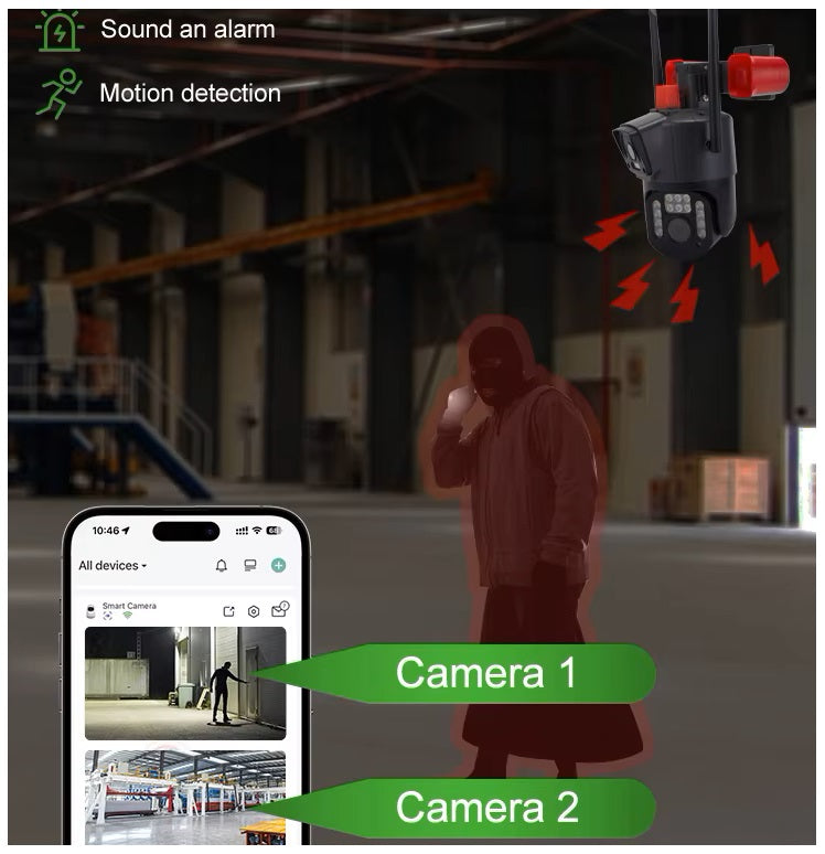 Cámara Seguridad WiFi Doble Lente Sirena Baliza IP23 LED HD Cobertura