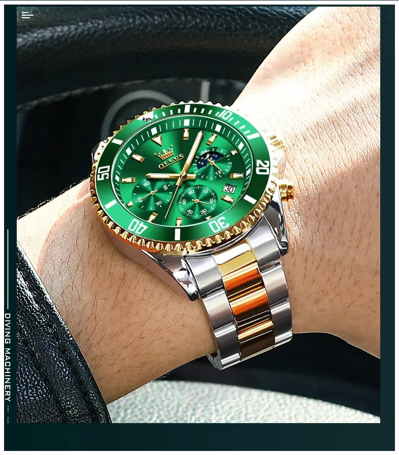 Reloj Cronógrafo Deportivo Hombre Acero Inoxidable Verde Dorado 42.5mm - Multifunción, Calendario, Resistente al Agua