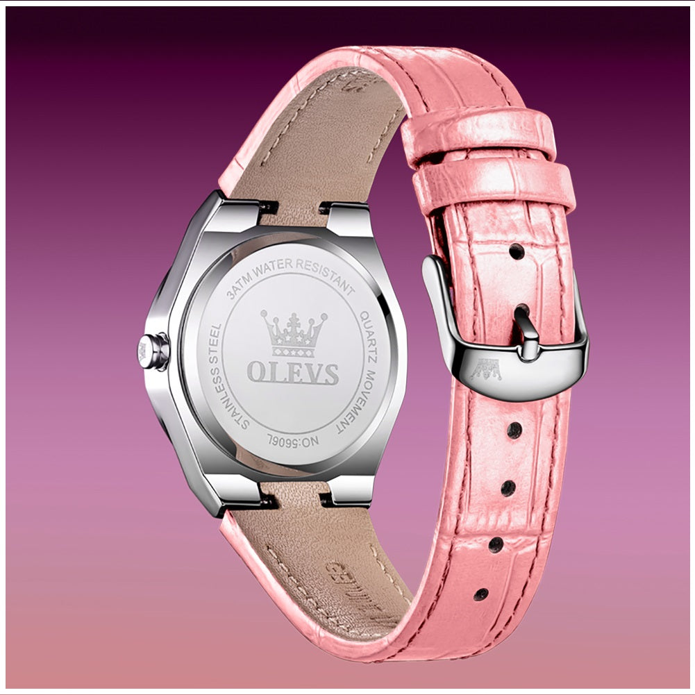 Reloj de Cuarzo para Mujer Correa de Cuero Rosa, Esfera de Cristales