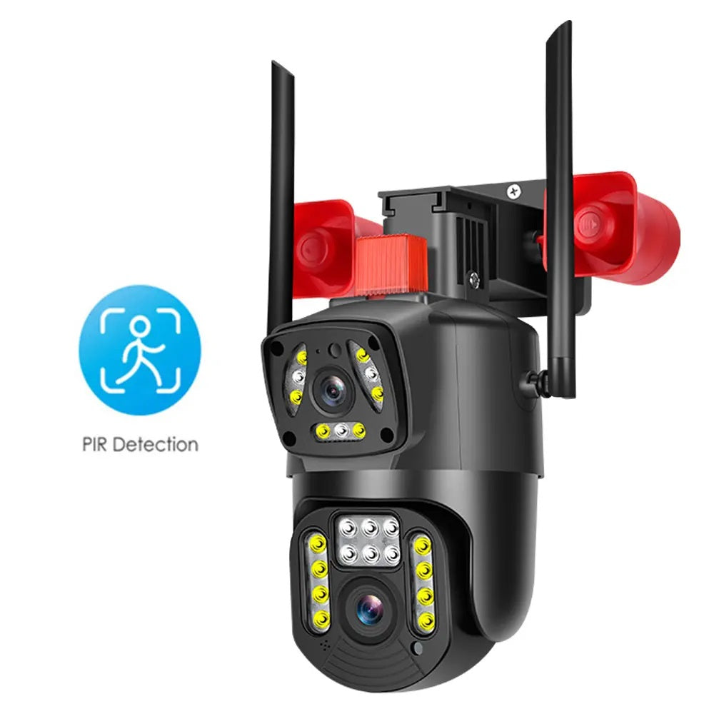 Cámara Seguridad WiFi Doble Lente Sirena Baliza IP23 LED HD Cobertura