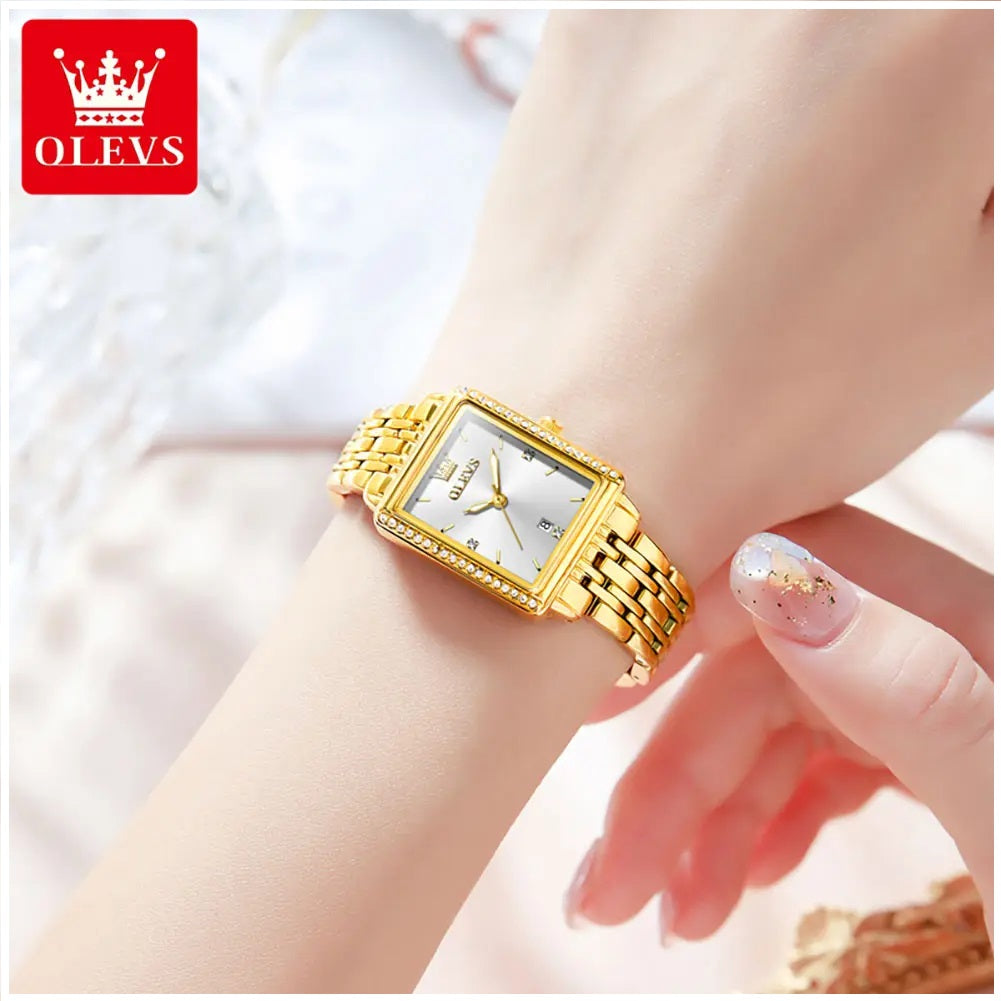 Reloj de Mujer Elegante Rectangular de Acero Inoxidable con Movimiento de Cuarzo, Calendario