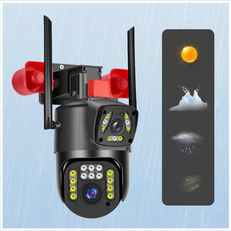 Cámara Seguridad WiFi Doble Lente Sirena Baliza IP23 LED HD Cobertura