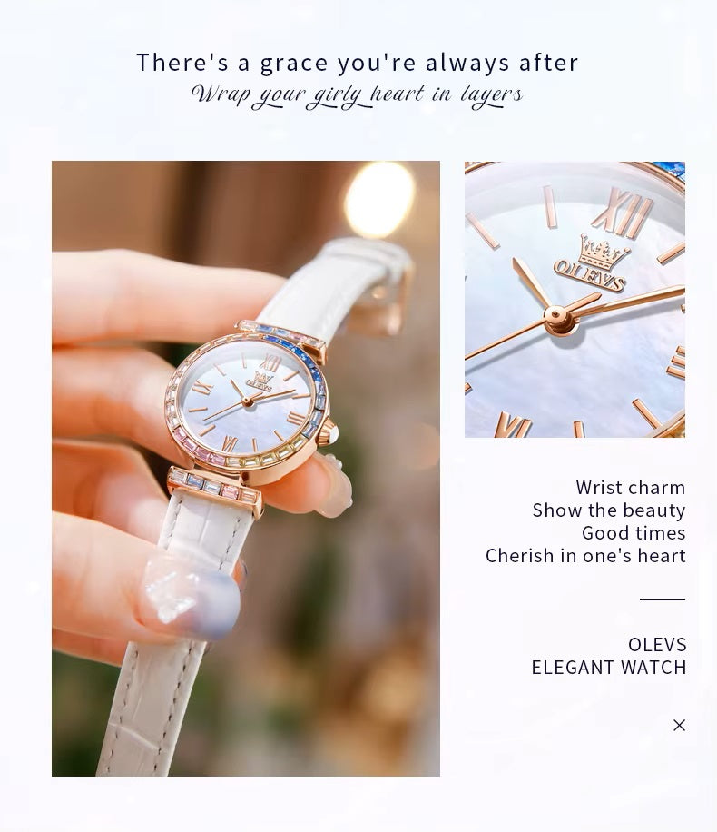 Reloj de Mujer Elegante con Correa de Cuero y Cristales Multicolor
