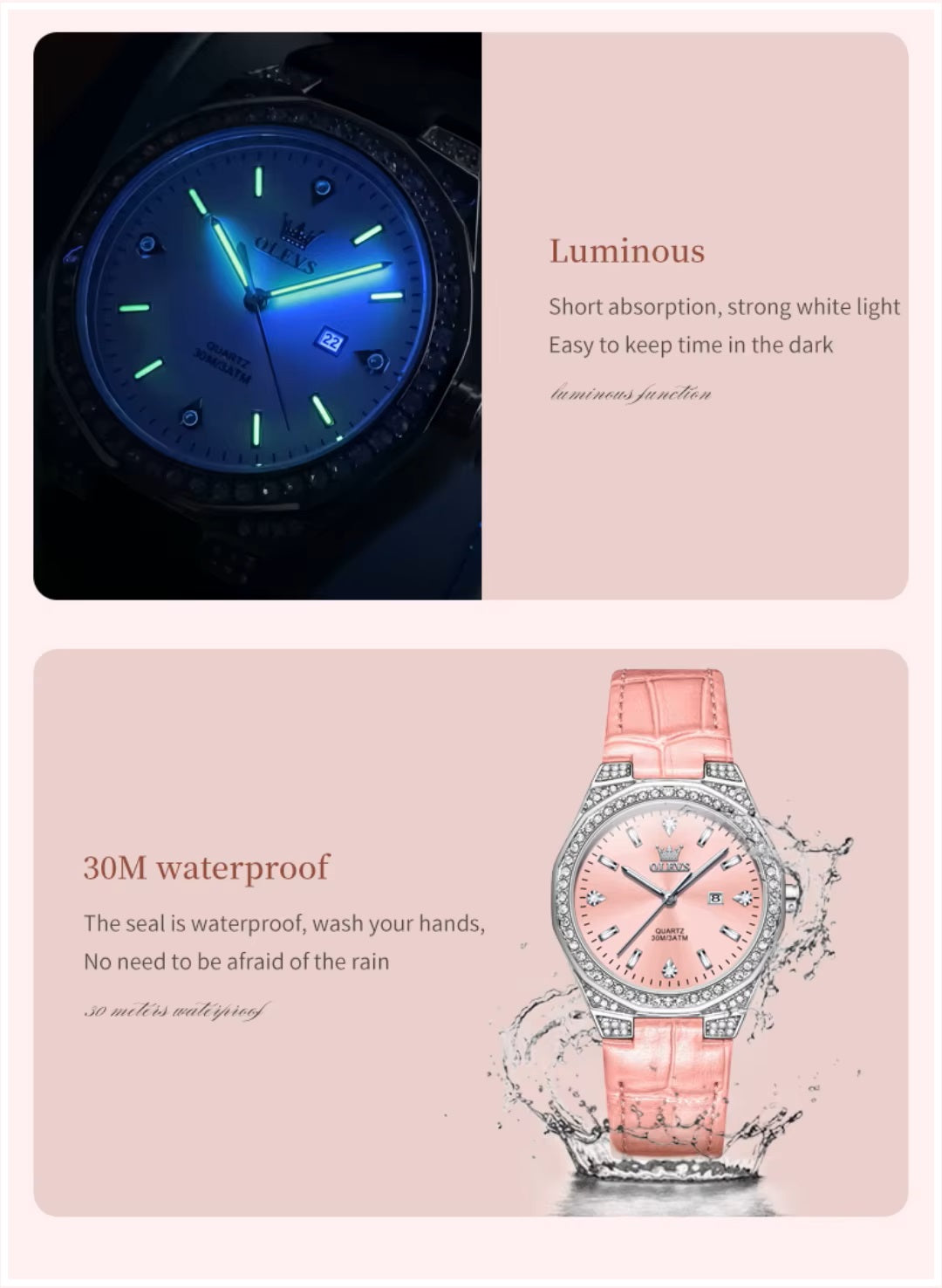 Reloj de Cuarzo para Mujer Correa de Cuero Rosa, Esfera de Cristales