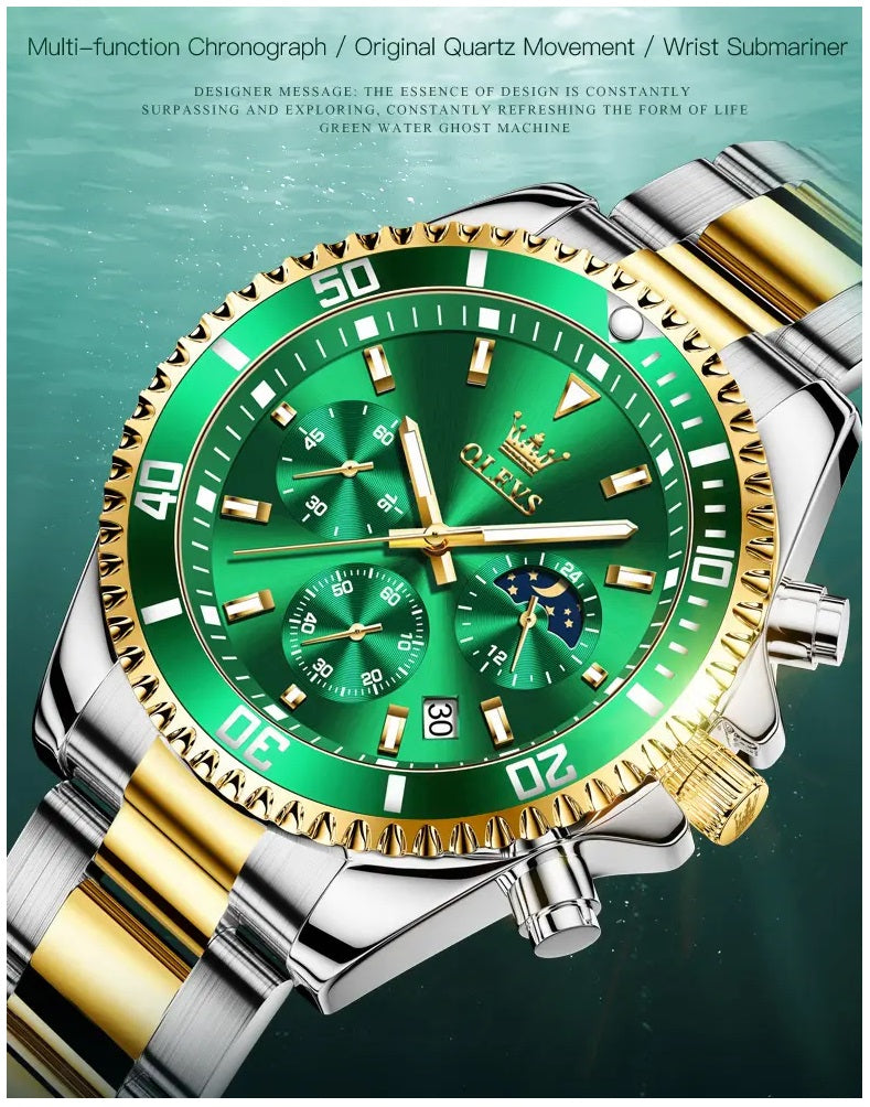 Reloj Cronógrafo Deportivo Hombre Acero Inoxidable Verde Dorado 42.5mm - Multifunción, Calendario, Resistente al Agua