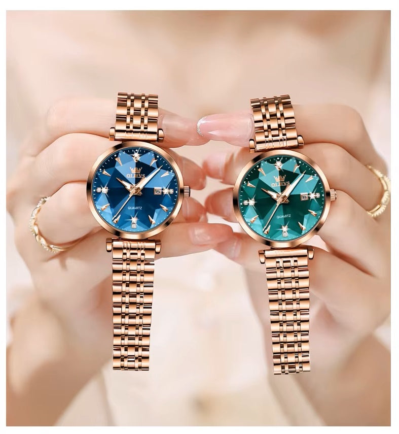 Reloj de Cuarzo para Mujer Esfera Esmeralda Detalles de Cristal Correa Acero Inoxidable
