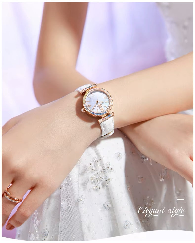 Reloj de Mujer Elegante con Correa de Cuero y Cristales Multicolor