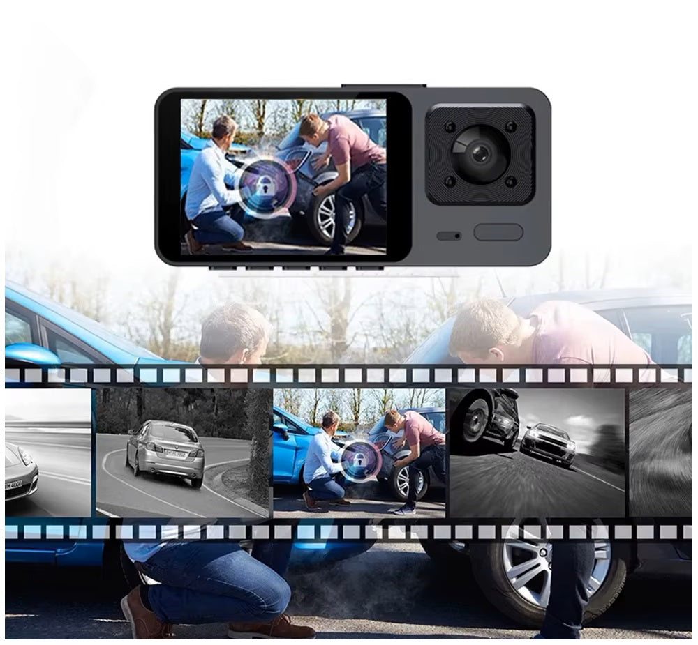 Cámara Dashcam de 3 Lentes Full HD 1080P | Visión Nocturna, Sensor G y Modo Estacionamiento 24H