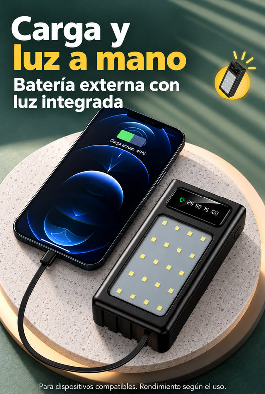 Power Bank 30000mAh Carga Rápida y Luz de Emergencia · información en castellano