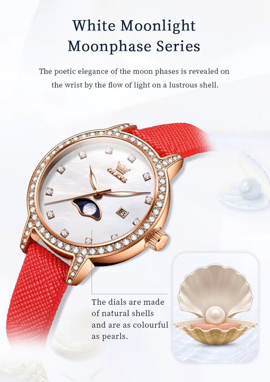 Reloj de Pulsera Mujer Elegante con Fase Lunar y Correa de Cuero Rojo