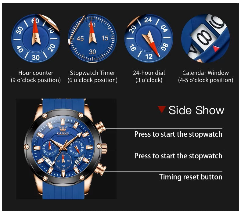 Reloj Cronógrafo Deportivo para Hombre con Calendario Completo Correa de Silicona Azul