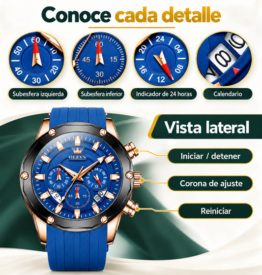 Reloj cronógrafo hombre calendario y silicona azul · información en castellano