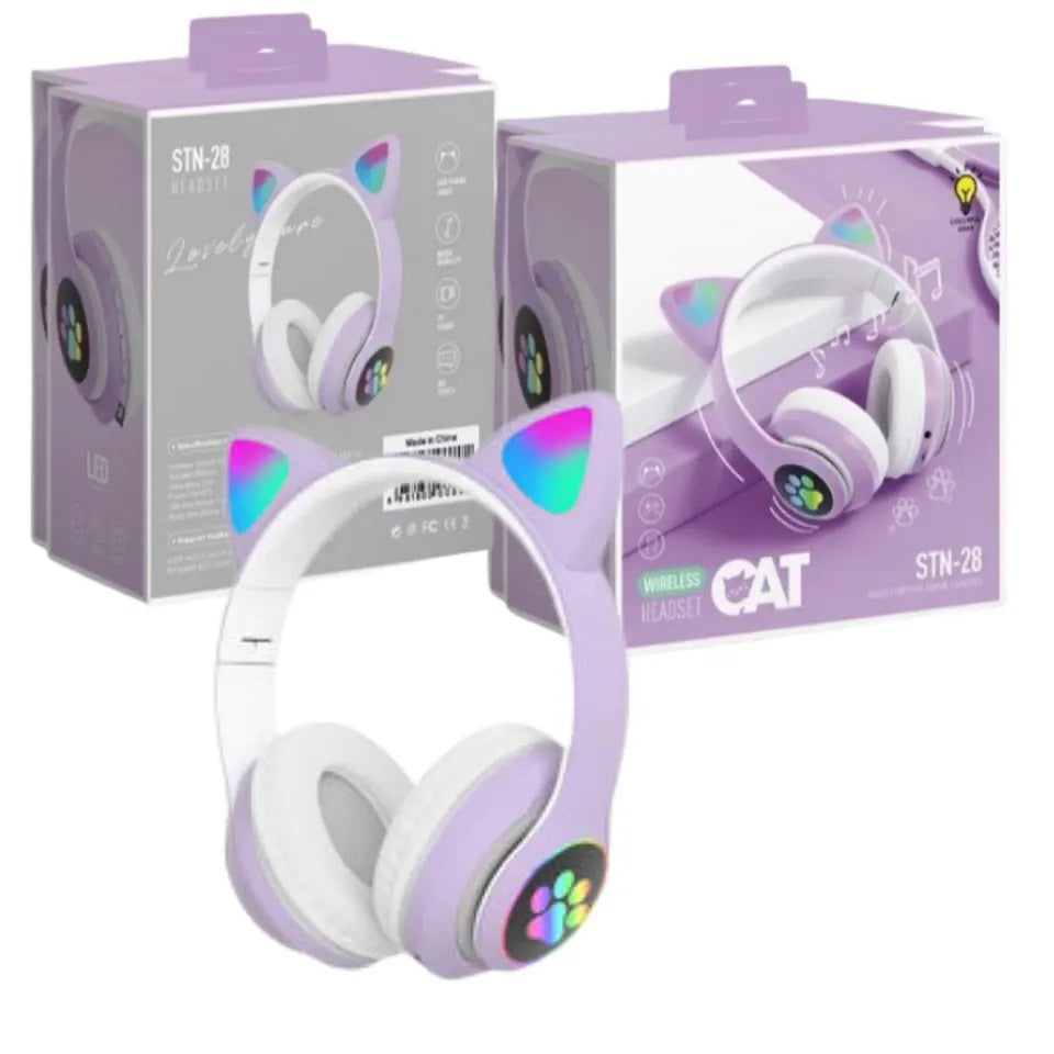 Audífonos inalámbricos Bluetooth RGB Orejas gato BT 5.0 FUCSIA