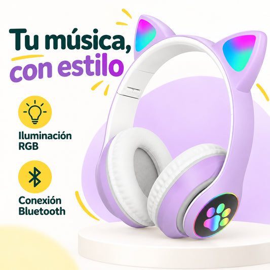 Audífonos Bluetooth RGB Orejas gato BT 5.0 fucsia · información en castellano